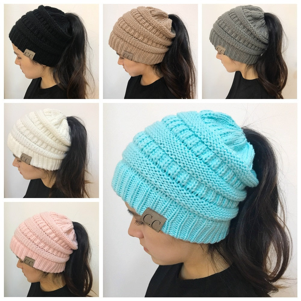 Gravity Threads Soft Cable Knit High Ponytail Winter Beanie